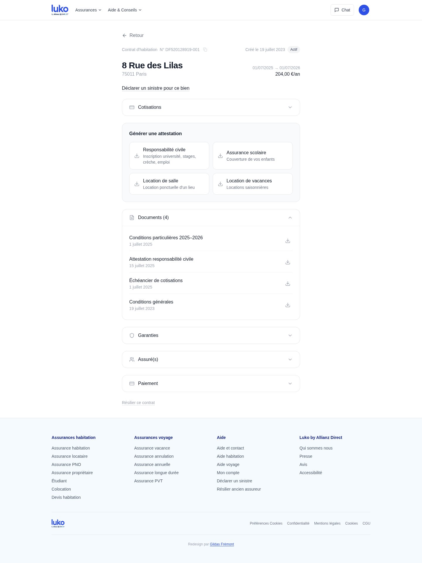 Vue de détail d'un contrat : en-tête avec adresse et statut, cartes d'attestation, liste de documents, accordéons garanties et paiement